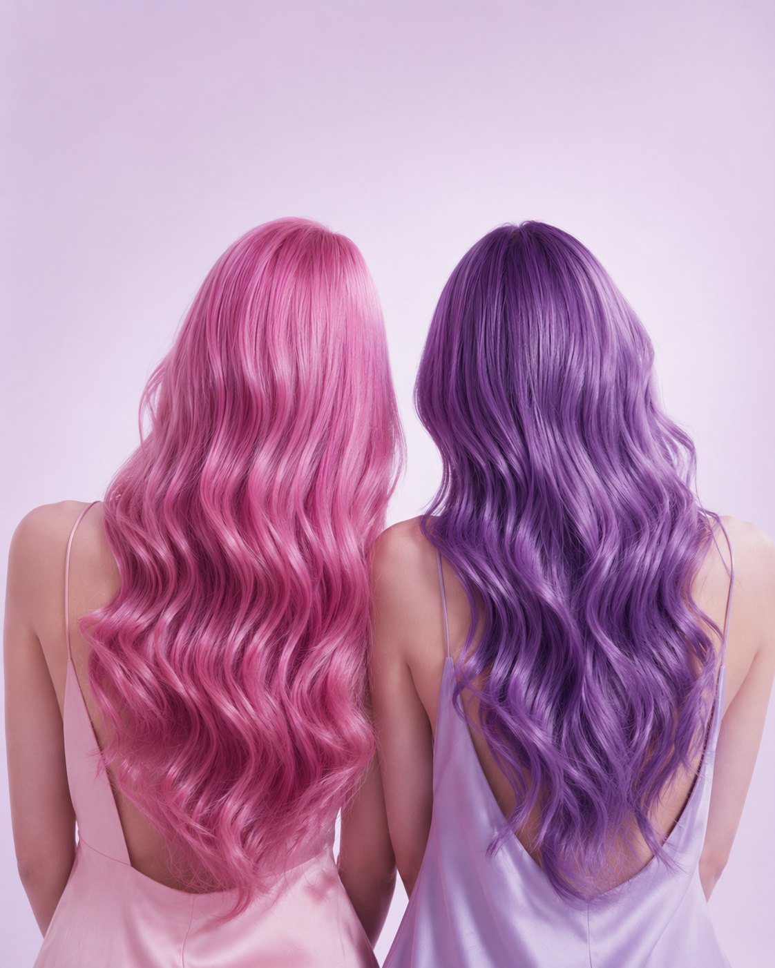 ピンクとパープルのヘアカラーを楽しむ2人の女性（後ろ姿）